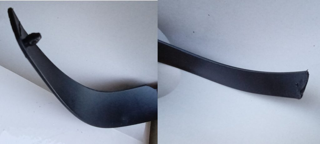 Zweigeteiltes Bild: links sieht man den Befestigungsbügel eines Reithelms mit einem Pinn. Rechts sieht man den gleichen Bügel ohne Pinn.