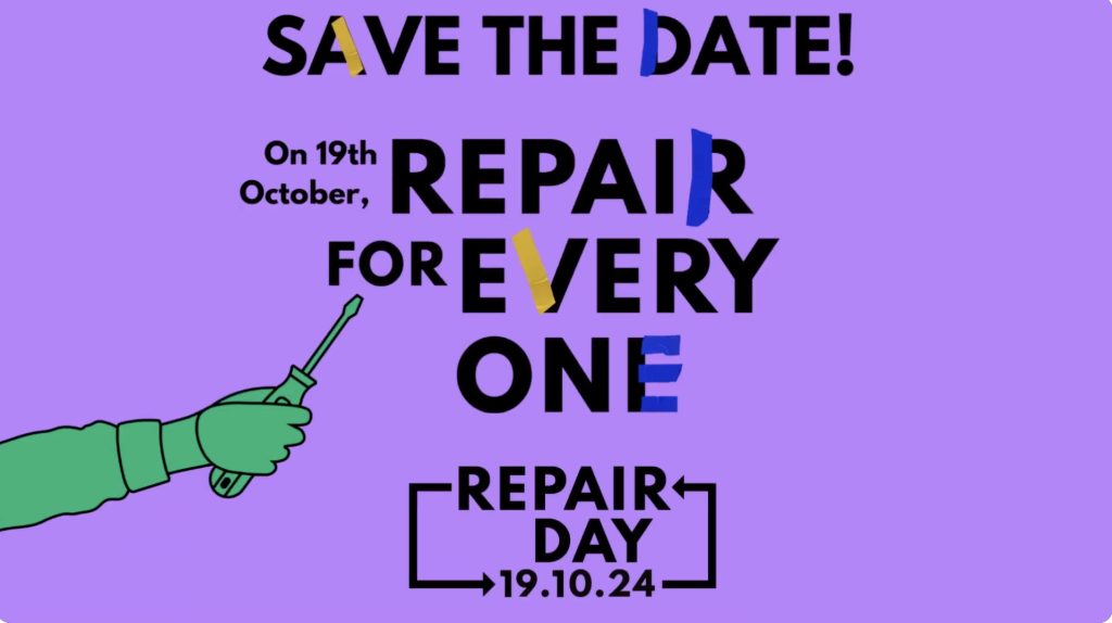Lila Hintergrund mit schwarzer Schrift und einer Illustration einer Hand mit einem Schraubenzieher. Text auf Englisch: Save the Date. On 19th of October: Repair for everyone. Repair Day, 19.10.24
